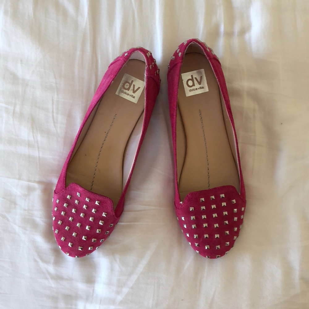 Pink suede studded loafers